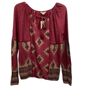 Lucky Brand NWT Red Print Popover Peasant Blouse Misses Size S
